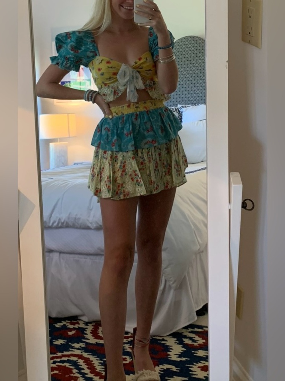 LoveShackFancy Set— Yellow and Teal Floral Tiered Mini Skirt and Top
